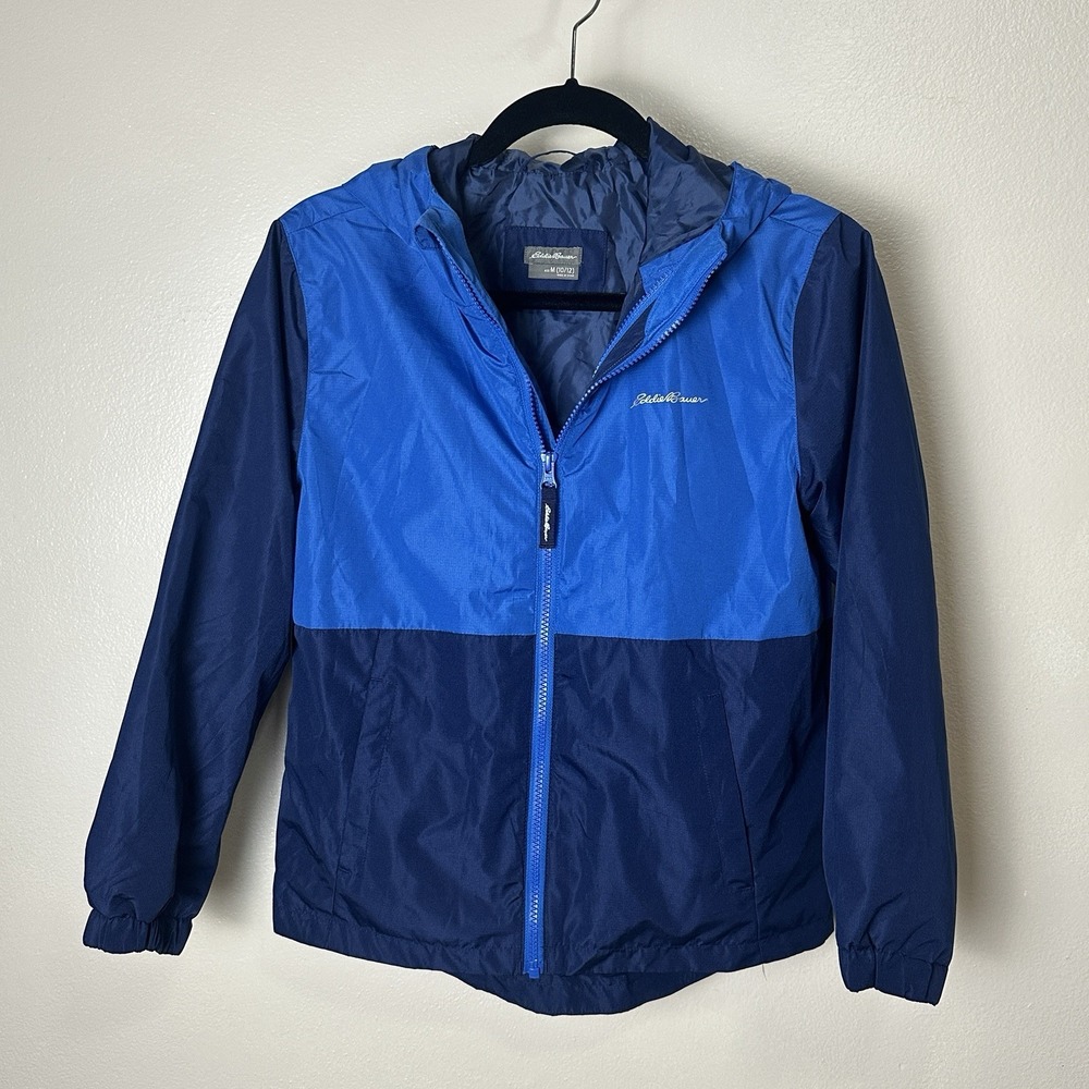 Eddie Bauer Windbreaker Jacket Kids 10/12‎ Blue Full Zip Pockets Hood